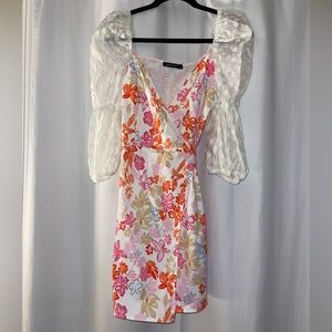 Floral Puff Sleeve Wrap Dresss